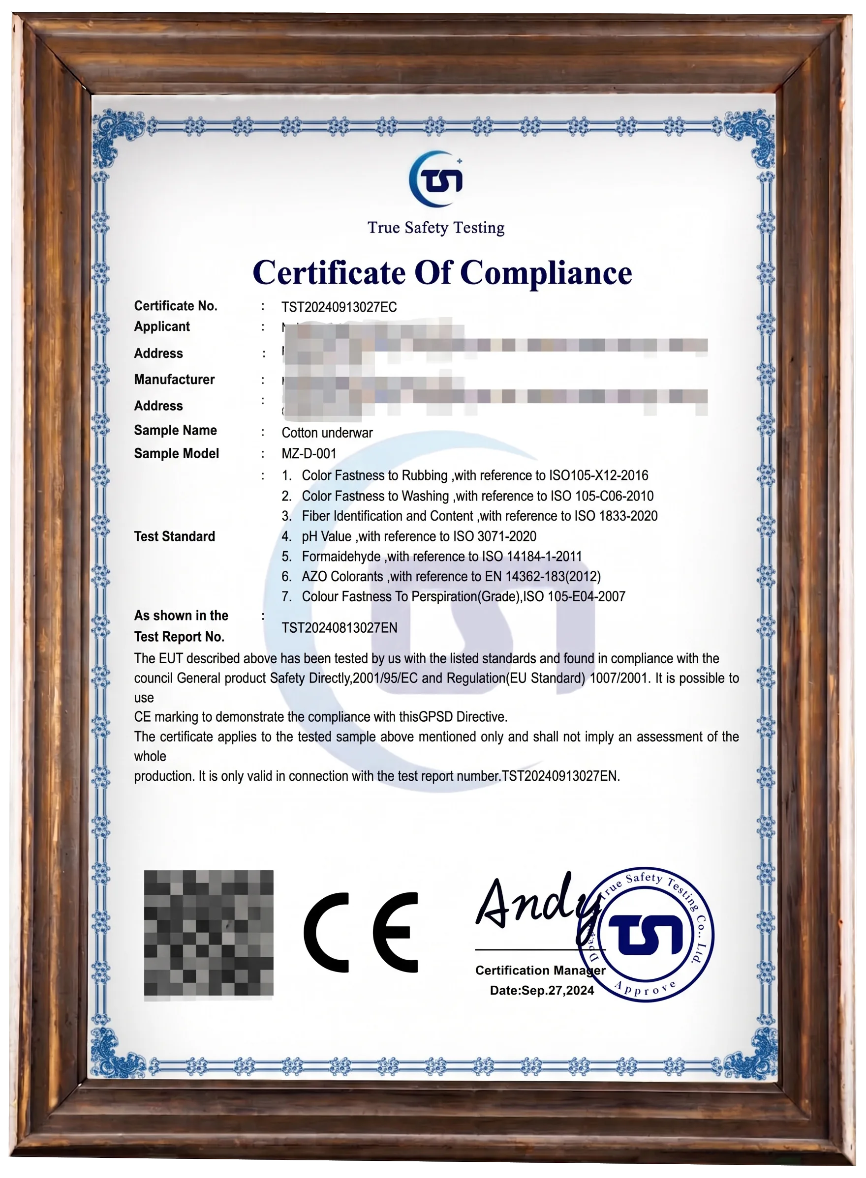 Cotton underwear product compliance test document