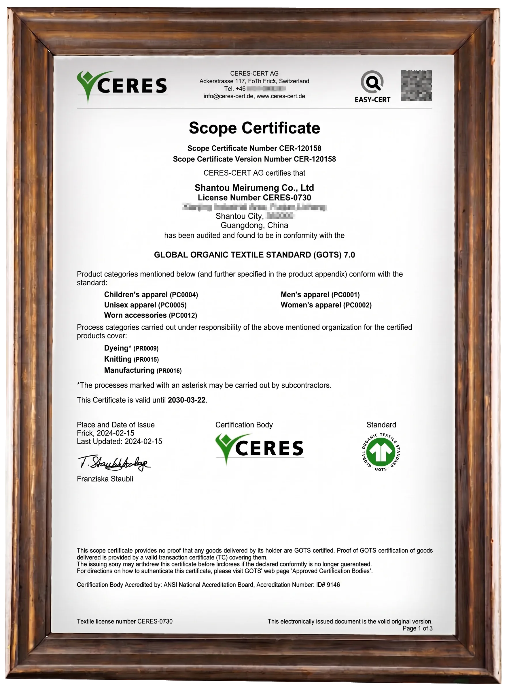 GOTS scope certificate for Shantou Meirumeng Co., Ltd.