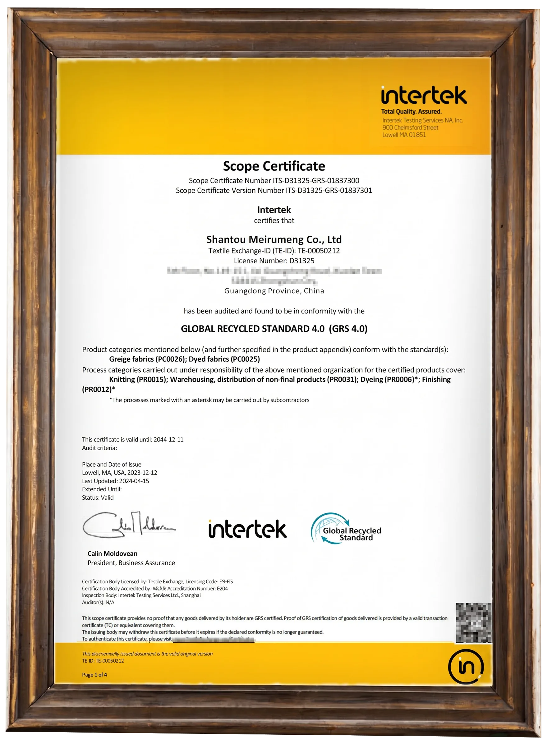 Global Recycled Standard scope certificate issued by Intertek for Shantou Meirumeng Co., Ltd.