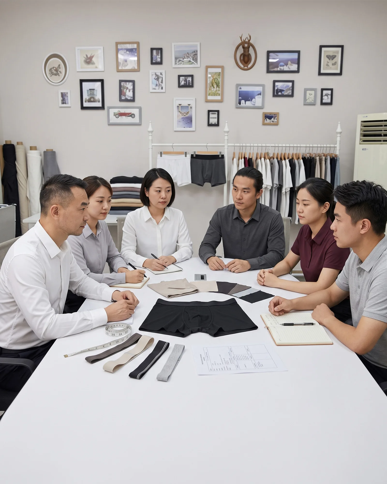 Men's underwear product development team reviewing a custom project