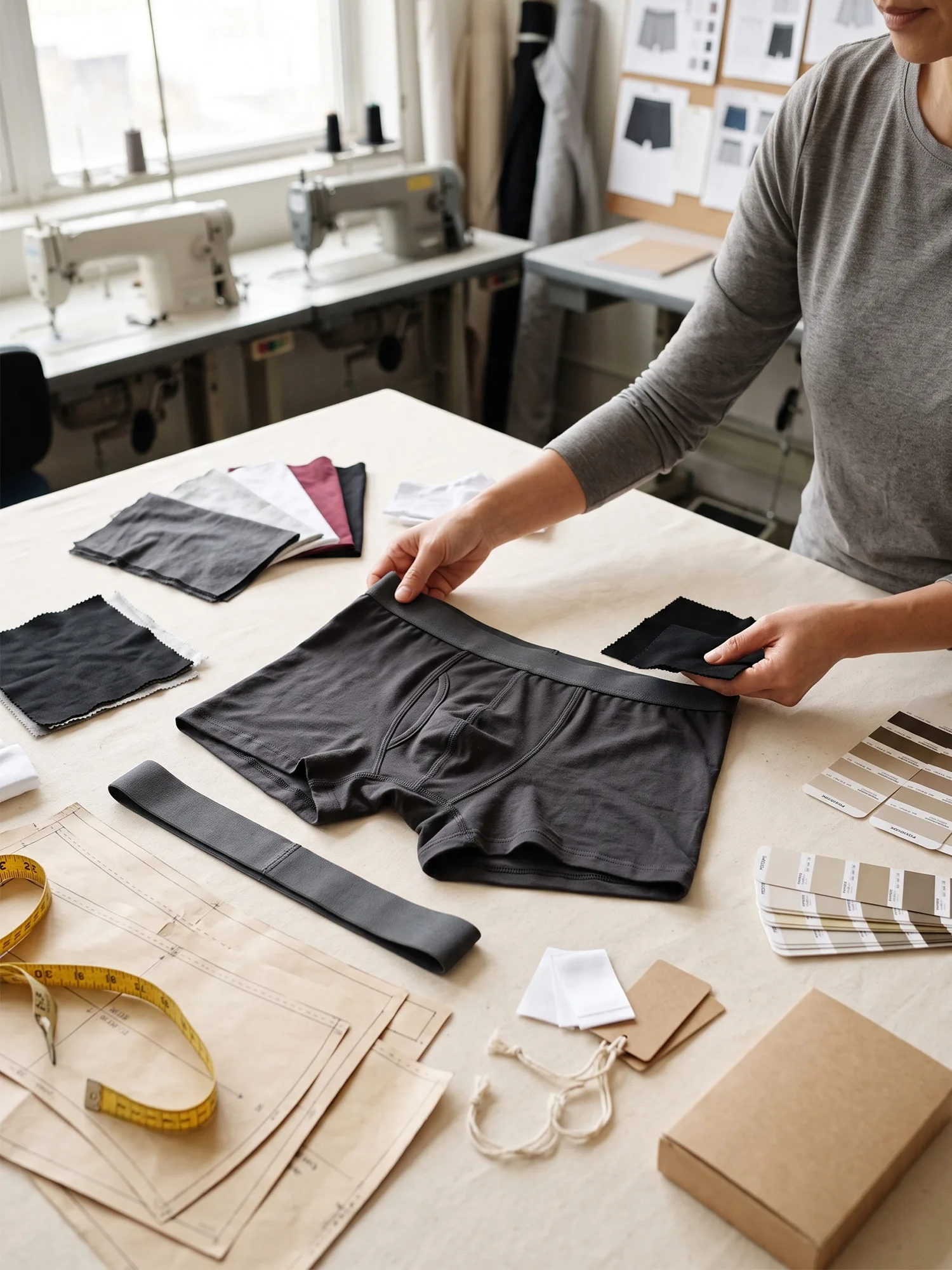 Men's underwear product development workspace with fabric, waistband and pattern samples